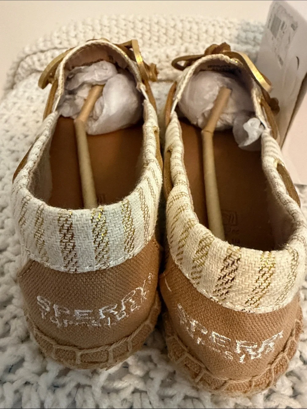 Sperry women’s Gold-Striped White Espadrille Boat Shoes